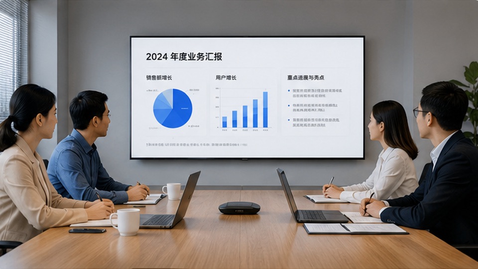 团队在会议室大屏查看投屏的业务汇报